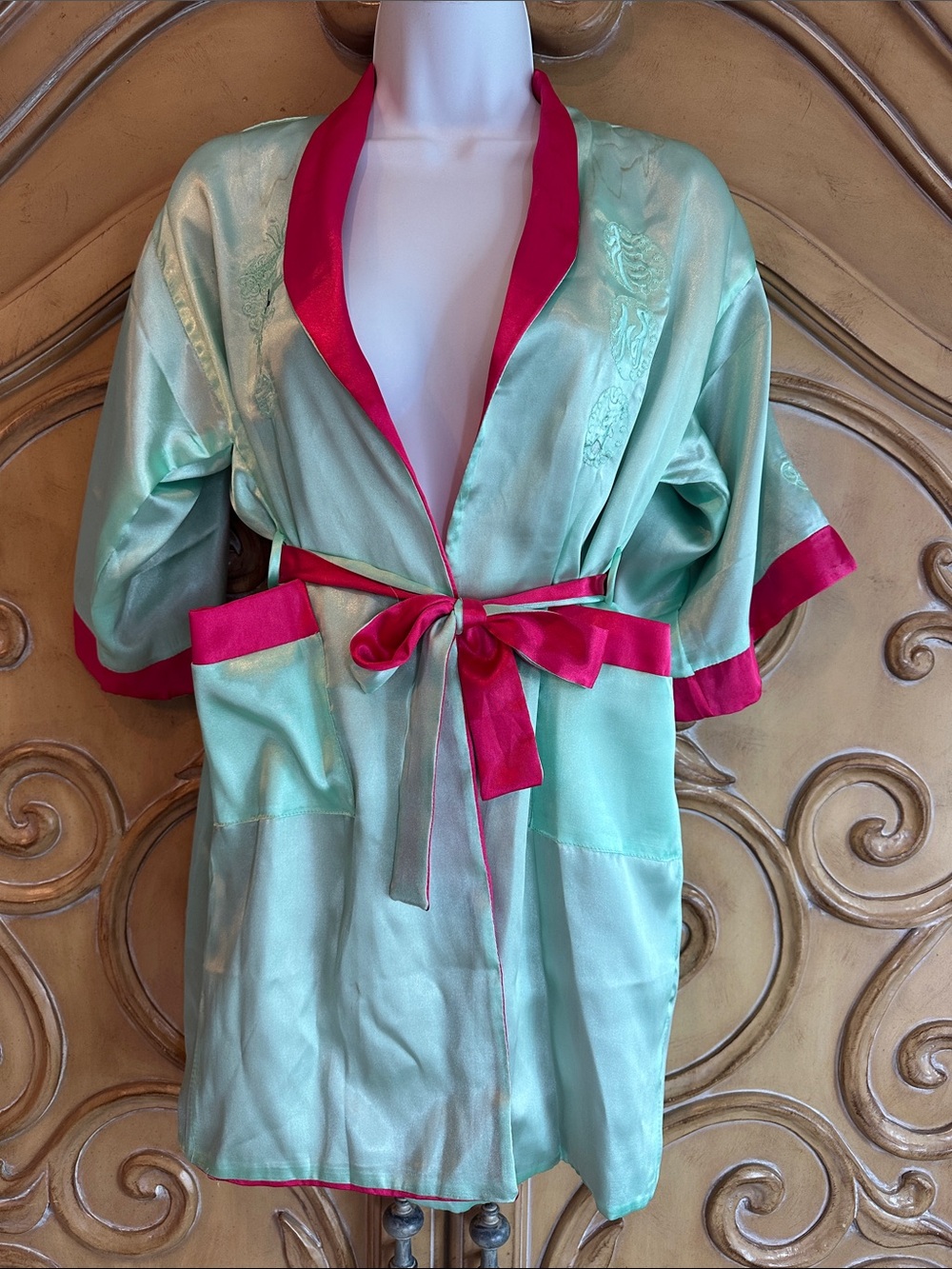 Pink Reversible Kids Kimono Robe with Mint Trim - Elegant Lounge Robe - Picture 6 of 12
